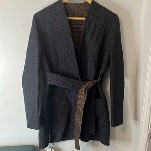 Max Mara Cucito A‎ Mano NWT Midnight Blue Brown Chevron Galles Robe Jacket Sz 12